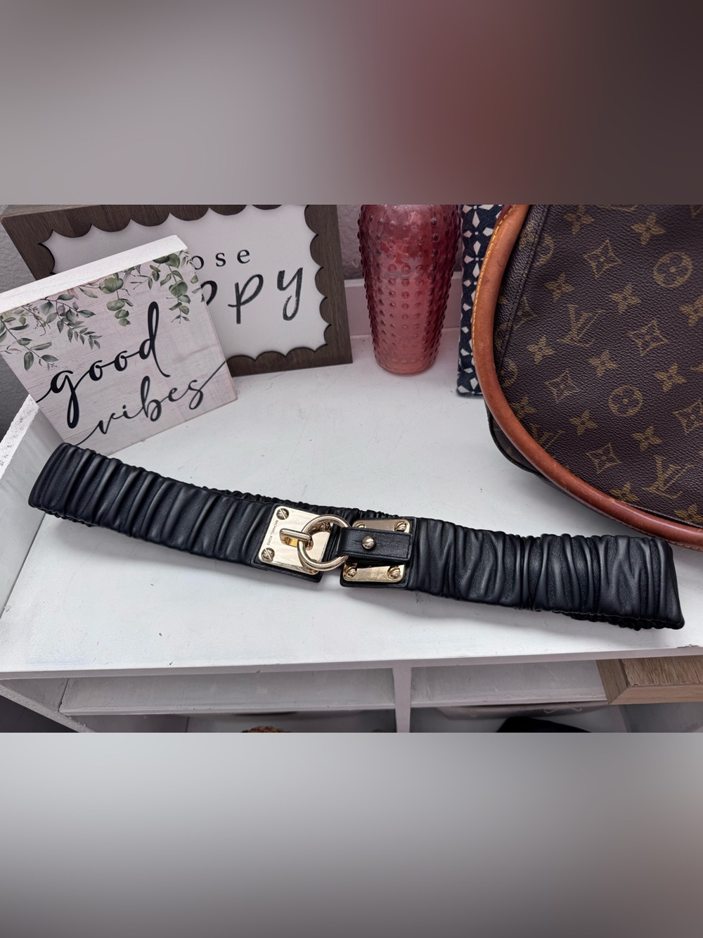 Michael Kors ruched black & gold buckle leather belt